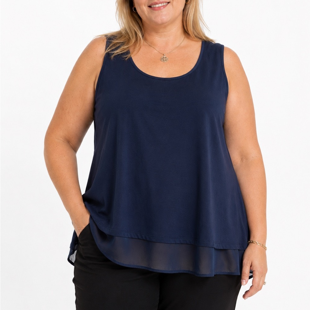 Talbots Plus 1X Blue Cotton Sleeveless Tank Top Sheer Hem Lightweight Casual NEW